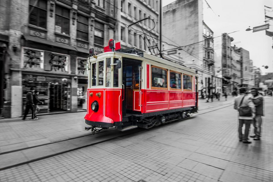 The red tram on Istiklal Street in Istanbul