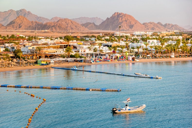 Sharm El Sheikh, EGYPT - February 2021: Naama Bay view from the top at sunthrise in Sharm El Sheikh. 