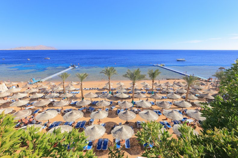 Sharm El Sheikh, Egypt - 02 february, 2017: Beach with sun loungers and parasols in Sharm El Sheikh in Egypt 