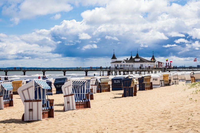 Pier and beach chairs in Ahlbeck on the island Usedom, Germany. 