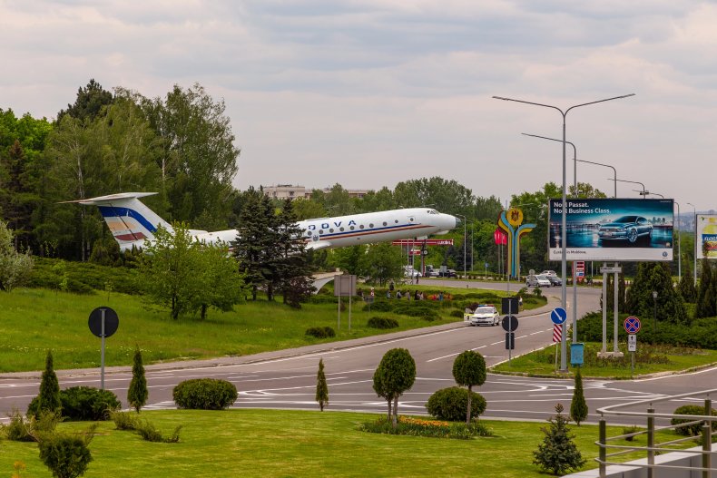Chisinau, Republic of Moldova - April 30, 2016: Monument to the airplane at Chisinau airport. The country's international airport. 