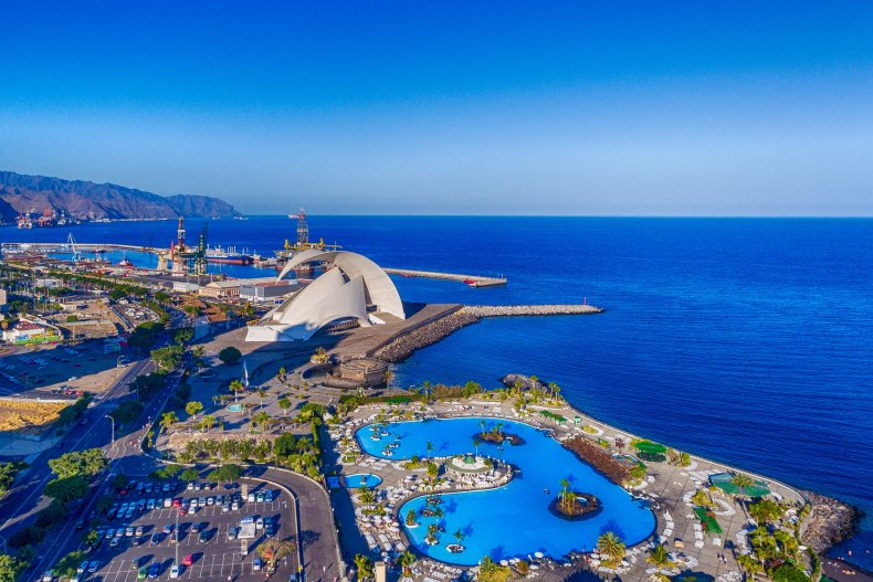 Aerial view of Santa Cruz de Tenerife along the coast, Canary Islands, Spain