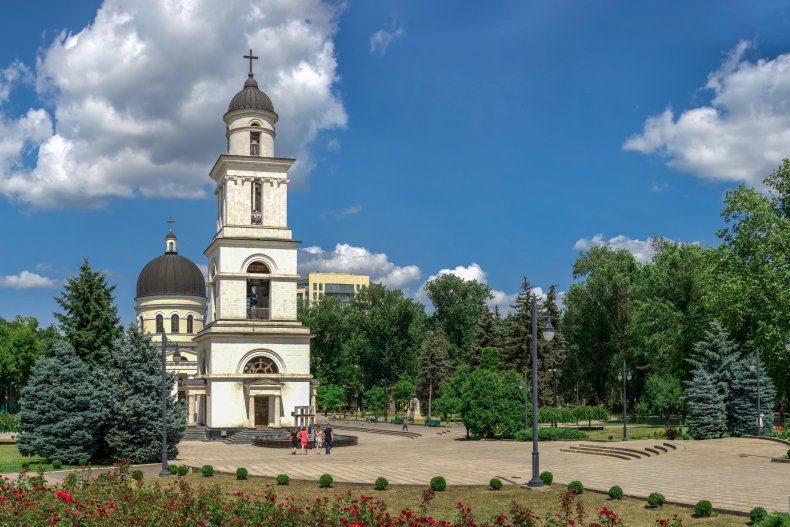Kishinev, Moldova - June 28, 2019 The Cathedral of the Nativity in Kishinev Cathedral Park, Moldova on a sunny summer day.