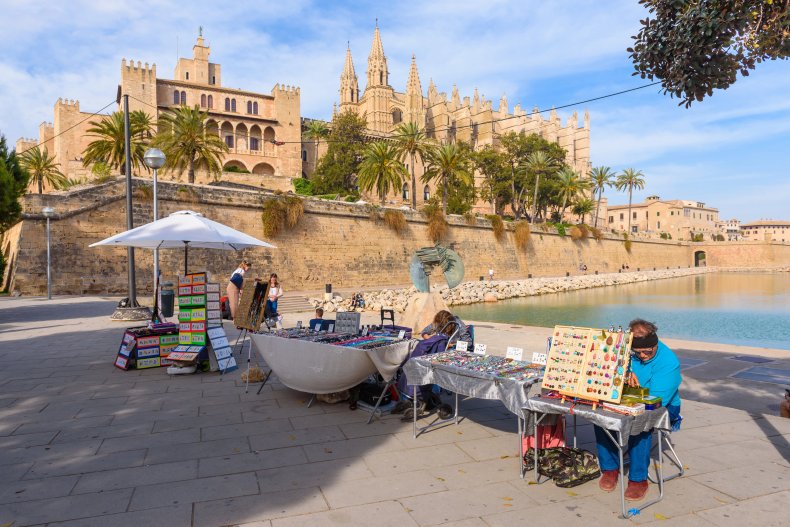 Souvenir shops on the seafront in the center of Palma de Mallorca. Mallorca Island, Balearic Islands, Spain 