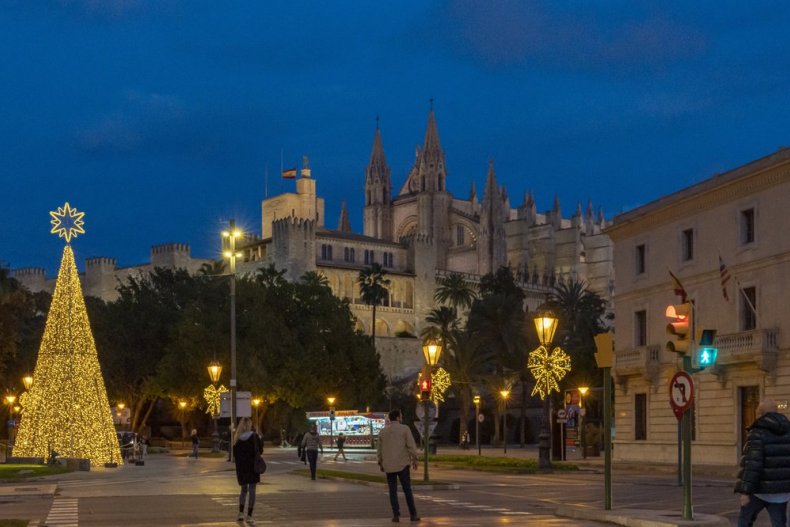 Palma de Mallorca, Spain; December 12, 2023: Christmas decorative lighting on the streets of Palma de Mallorca at night. Spain