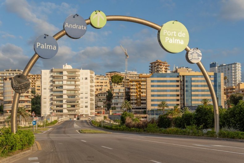 Palma de Mallorca, Spain; June 28, 2022: Direction sign for the city of Palma de Mallorca, at the port exit, at sunrise