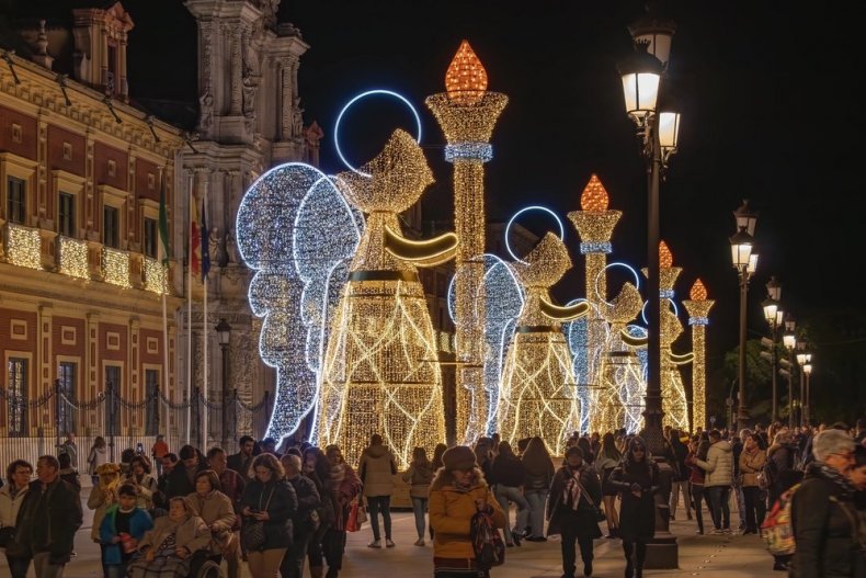 Seville, Christmas lights decorated in the shape of an angel