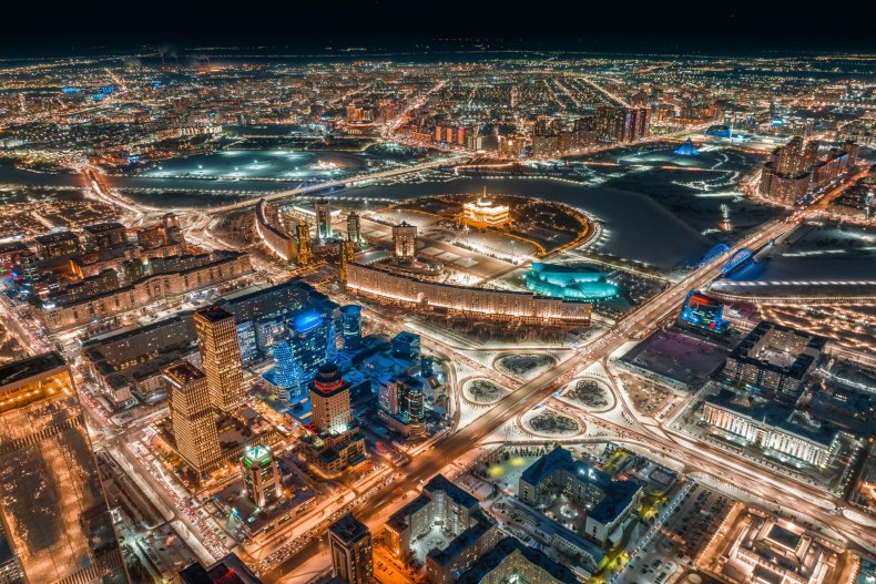 Astana at night from above—the illuminated city center