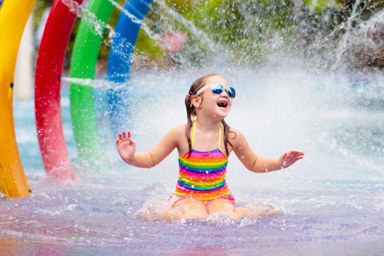 Children at a water park with water slides