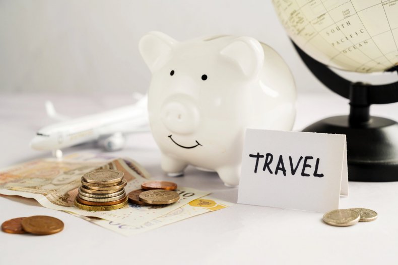 Travel Budget Concept: Piggy Bank, Globe, Coins, and Cash