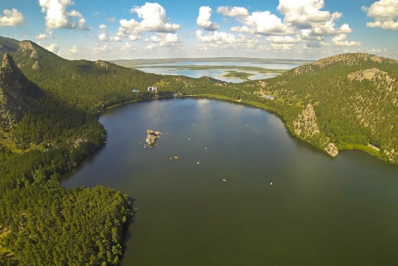 Aerial view of Lake Burabai (Borovoye), a mountain lake in Kazakhstan