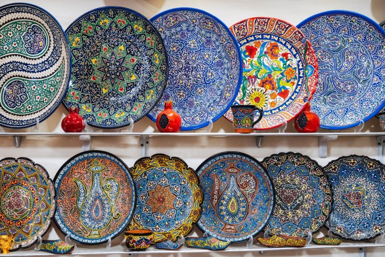 Hand-painted ceramic plates in an Eastern style—souvenirs from Central Asia