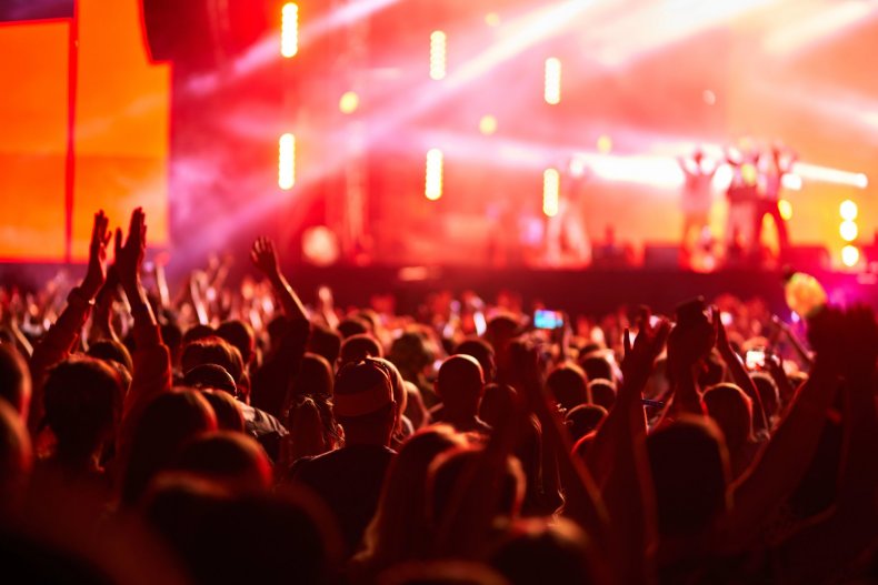 Audience members with their hands raised enjoy the music at a summer festival