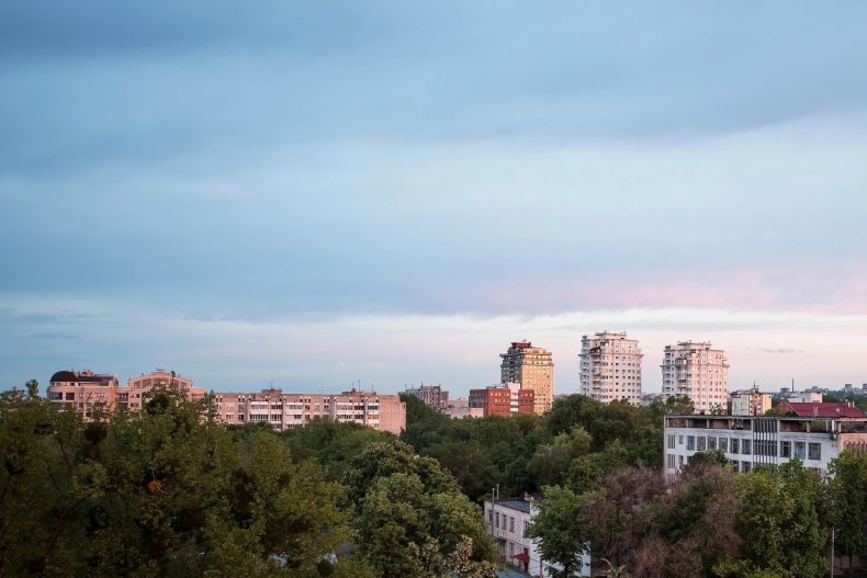 A square in downtown Chisinau at sunset