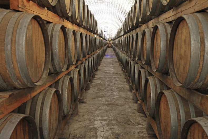 The cellars of a Moldovan winery with wooden barrels
