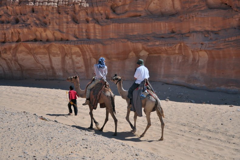 Un grupo de turistas en camello en el desierto del Sinaí